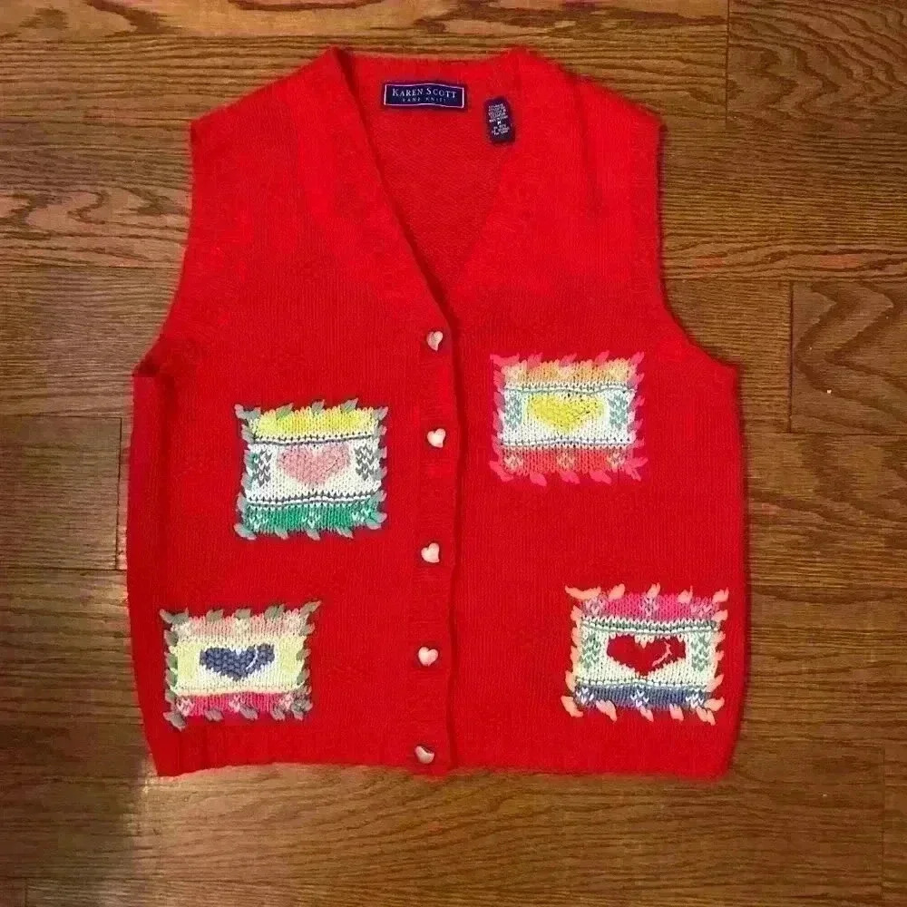 Vintage Embroidered Patchwork Hearts Sweater Vest Size Medium Hand Knit Cottage - Picture 2 of 9